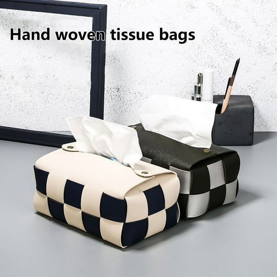 Riguas Desktop Tissue Bag Manual Braided Contrast Color Paper Organizer Faux Leather Anti-dust Storage Tissue Modern Appearance Car Easy Paper Extraction Napkin Bag for Bedroom