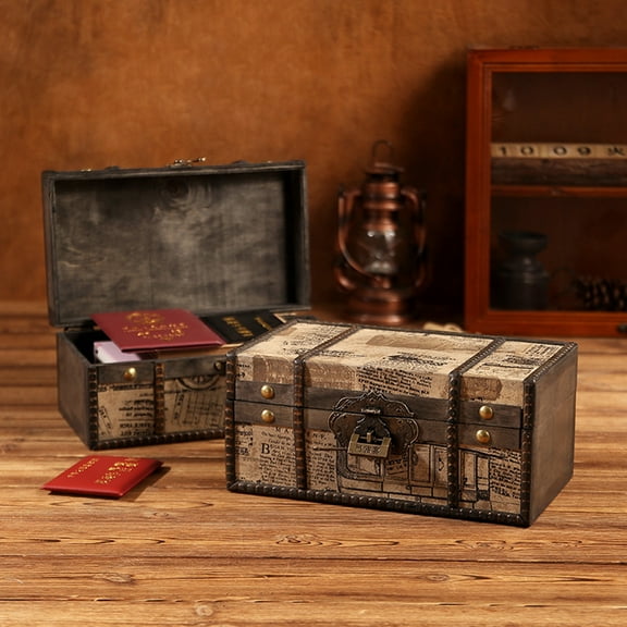 Riguas Jewelry Box Dustproof with Lock Print Anti-deformed Moisture-proof Storage Cover Vintage British Style Treasure Chest for Bedroom