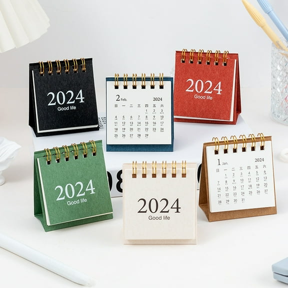 Riguas Mini Desk Calendar Simple Style Plan Book Spiral Coil Page Turning Date Recording 12 Monthly Calendar for Planing Event Log Year of 2024 Calendar Table Decoration Office School Supplies