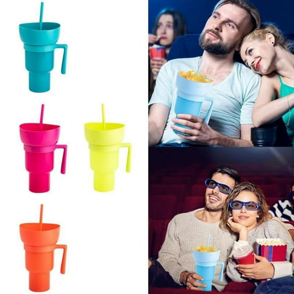 Riguas Popcorn Drink Cup Stadium Tumbler with Snack Bowl with Straw Leakproof Snack Cup Reusable Cinema Beverage Popcorn Cup