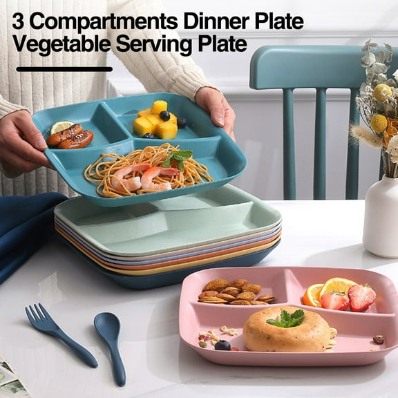 Riguas Rectangle Dinner Plate 3 Compartments Food Grade PP Dishwasher Safe Adults Kids Breakfast Snack Vegetable Meal Food Serving Dish Kitchen Supplies