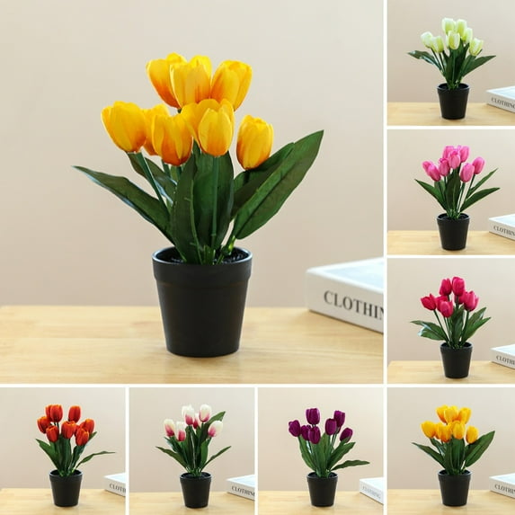 Riguas Simulation Potted Plants Non-fading Not Withered Realistic Decorate Faux Silk Flower Nine Head Artificial Tulip Bonsai for Desktop