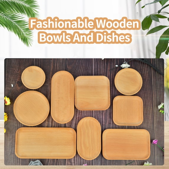 Riguas Storage Tray Multipurpose 4 Shapes Solid Wood Square Rectangle Round Ellipse Dinner Breads Plate Home Supplies