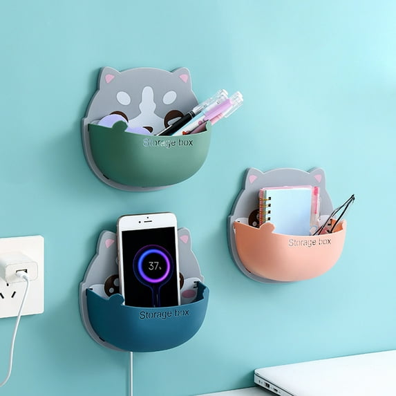 Riguas Sundries Storage Case Wall Mounted Strong Load-bearing Punch Free Exquisite Pattern with Bottom Hole Save Space Storage Box Mobile Phone Plug Holder Stand Rack for Home