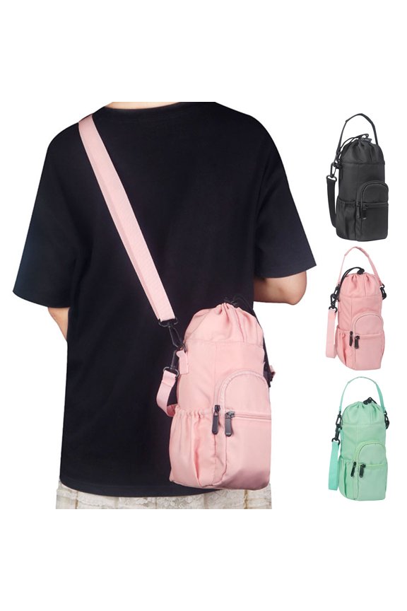 Water Bottle Carrier with Shoulder Strap Zippered Pocket Design Wear Resistant Flask Water Bottle Holder Sling Bag