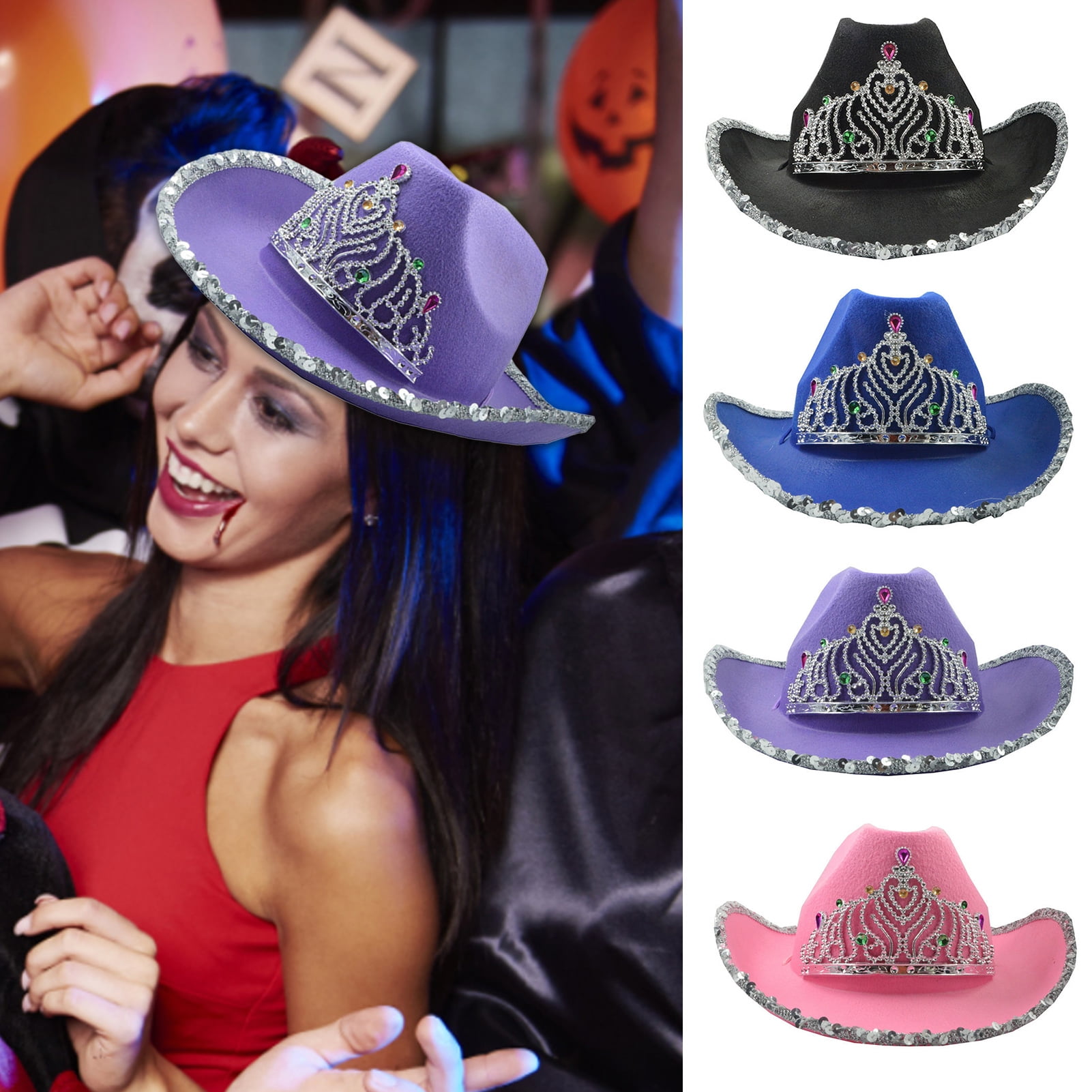 Riguas Women Cowboy Hat Rhinestones Inlay Crown Shiny Sequined Hat Brim