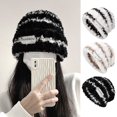 thumbnail image 1 of Riguas Women Winter Beanie Thick Soft Plush Striped Color Matching Knitted Fluffy Heat Retention Anti-slip Elastic No Brim Dome Shape Windproof Lady Outdoor Hat Cap, 1 of 7