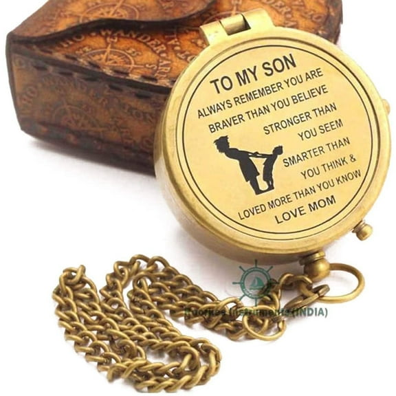 Rii Brand Brass Golden Color Engraved Compass with Leather Case Gift for Son