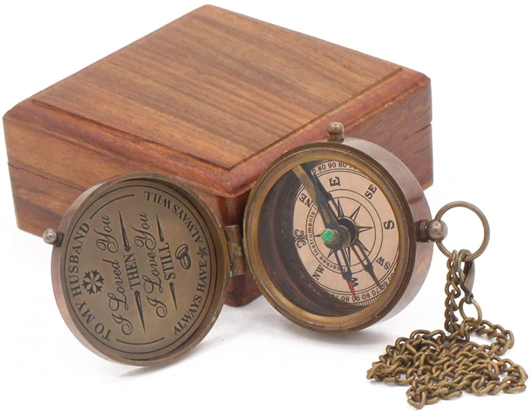 Rii Brand Brass Metal Antique Color Engraved Compass with Wooden Box