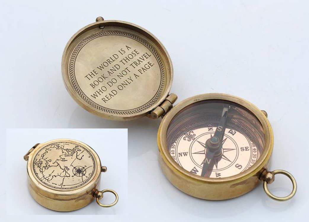 Roorkee Instruments (India)Brand Brass Metal Engraved Magnetic Compass with Leather Case
