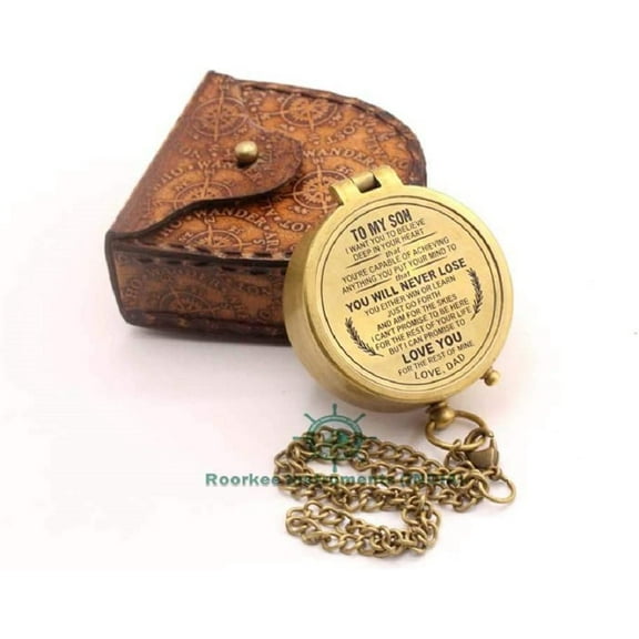 Rii Brand Brass Metal Golden Color Engraved Compass with Case Gift for Son