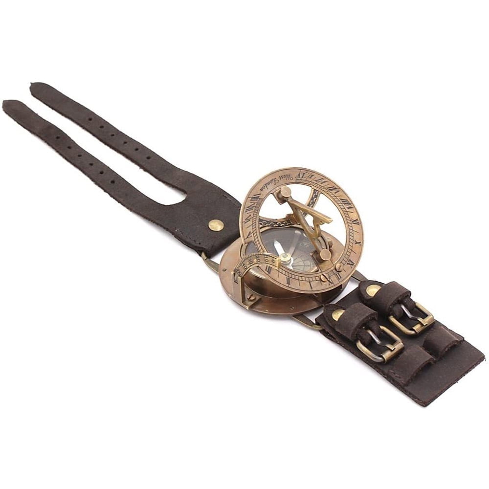 Rii Brand Brass Sundial Wrist Band with Leather Strap Working Compass 2.5"