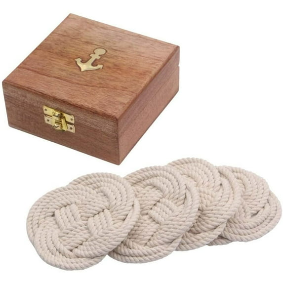 Rii Brand Jute Rope Coaster White Colored with Wooden Box Set of 4, 4"