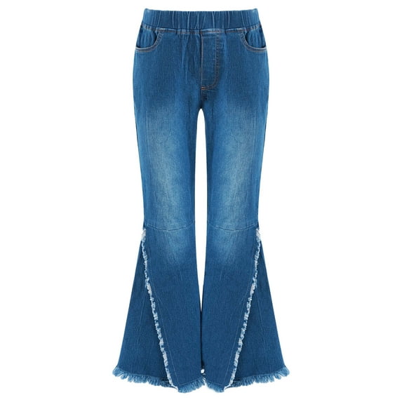 Riismen Girls Ruffled Hem Ripped Bell-bottom Hem Denim Casual Wide-leg Pants Flare Leggings Skinny Trousers Dark Blue 4