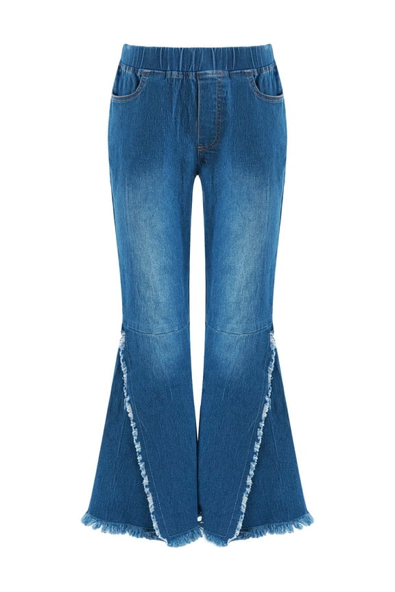 Girls Ruffled Hem Ripped Bell-bottom Hem Denim Casual Wide-leg Pants Flare Leggings Skinny Trousers Dark Blue 8