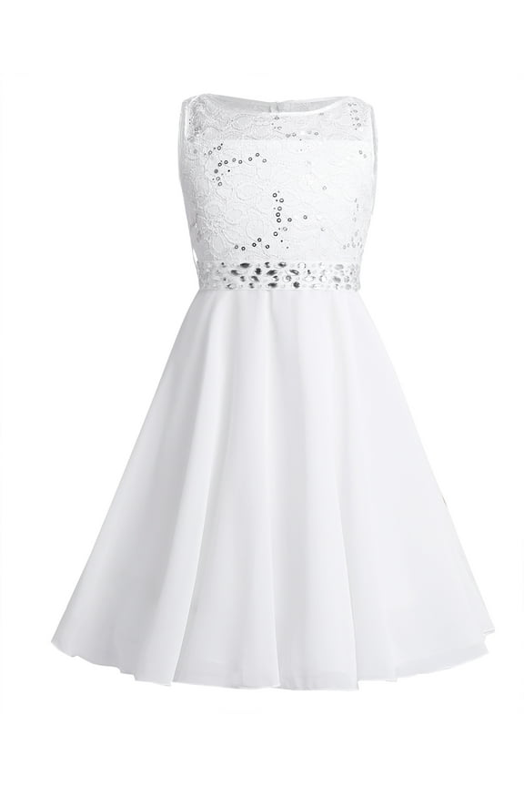 Girls Sparkling Sequin Lace Chiffon Sleeveless Dress Princess Pageant Wedding Bridesmaid Ivory 8