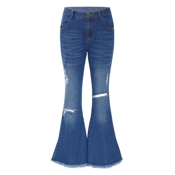 Riismen Kids Girls High Waist Distressed Flared Jeans Bell Bottom Denim Trousers Ripped Raw Hem Stretchy Jeans Trousers Blue 16