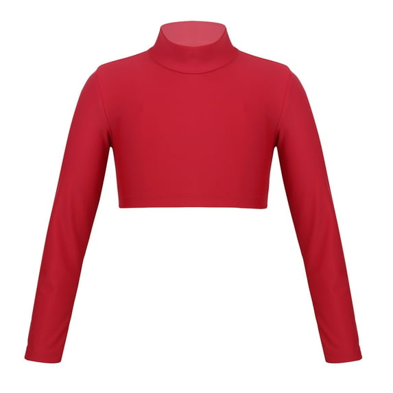 Riismen Kids Girls Mock Neck Long Sleeves Sports Dance Crop Top Dancewear Modern Jazz Hip Hop Red 14