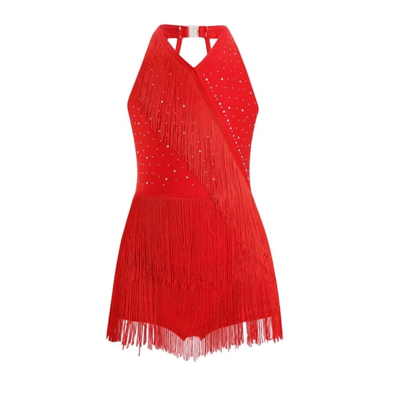 Riismen Kids Girls Rhinestones Latin Jazz Tango Rumba Samba Dance Dress Fringe Leotard Dress Red 6