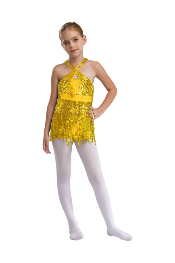 Kids Girls Sparkle Tassel Ballet Leotard Dress Street Hip Hop Jazz Tango Rumba Samba Salsa Dance Costume Gold 10