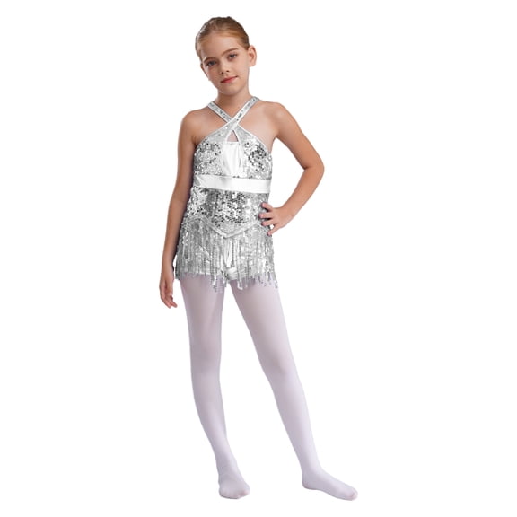 Riismen Kids Girls Sparkle Tassel Ballet Leotard Dress Street Hip Hop Jazz Tango Rumba Samba Salsa Dance Costume Silver 6
