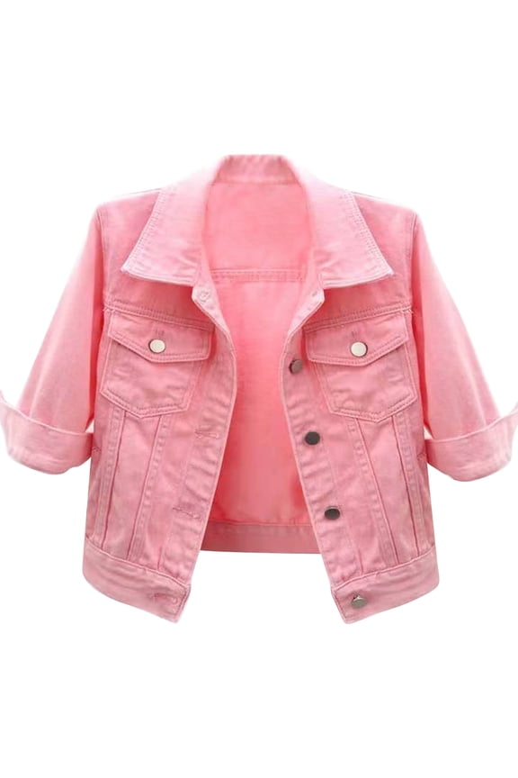 Women Autumn 3/4 Sleeve Retro Short Denim Jackets Button Down Jean Coats Pink 3XL