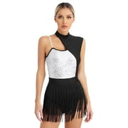Riismen Women Latin Dance Dresses Sequins Fringe Halter Bodysuit Salsa Rumba Cha-Cha Dance Leotard Silver L