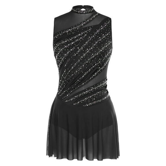Riismen Women's Lyrical Dance Leotard Dress Shiny Rhinestone Figure Skating Dress Dancewear Black S