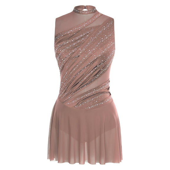 Riismen Women's Lyrical Dance Leotard Dress Shiny Rhinestone Figure Skating Dress Dancewear Coffee M