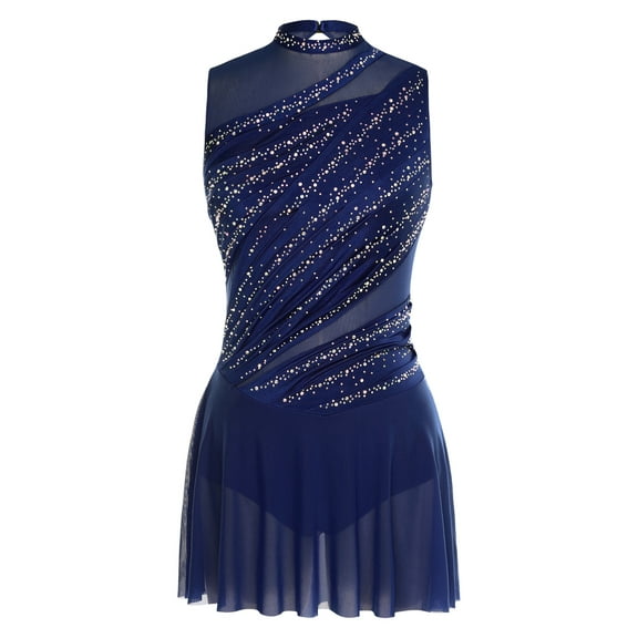 Riismen Women's Lyrical Dance Leotard Dress Shiny Rhinestone Figure Skating Dress Dancewear Navy Blue M