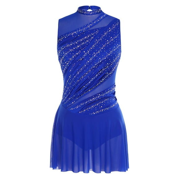 Riismen Women's Lyrical Dance Leotard Dress Shiny Rhinestone Figure Skating Dress Dancewear Royal Blue S