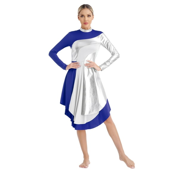 Riismen Women's Praise Dance Tunic Overlay Long Sleeve Contrast Color Patchwork Worship Costume Blue XXL