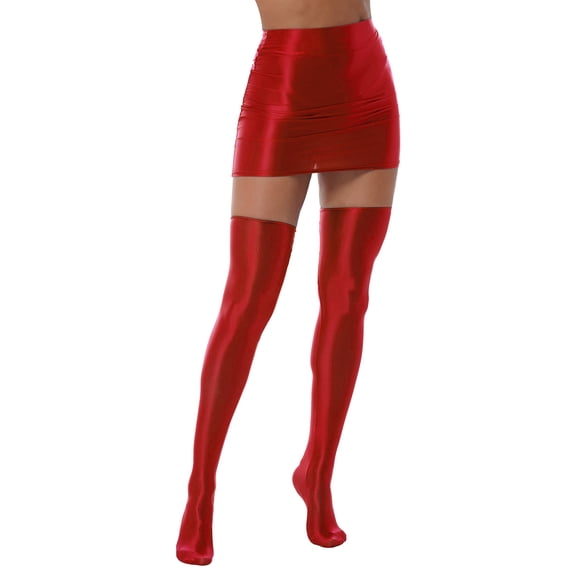 Riismen Womens Oil Shiny Smooth Pencil Mini Skirt Silk Stretchy Bodycon Skirt with Thigh High Red XL