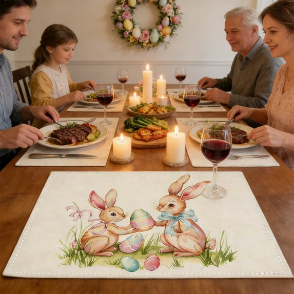 Rijanmt 17.71x11.81" Easter Paper Placemats, Happy Easter Disposable Paper Place Mats Insulation Mats - Bunny Rabbit Eggs Placemats Spring Seasonal Table Mats for Party Kitchen Dining Table Decor B