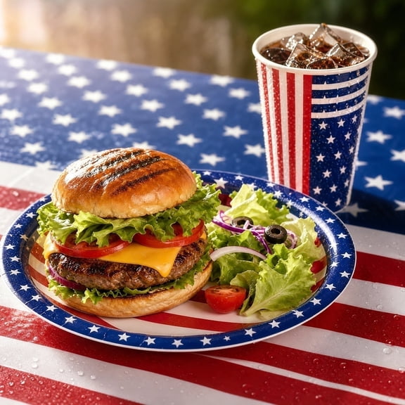 Rijanmt 171 Pieces Flag Disposable Tableware Set,All-in-One 4th of July Tablewares for Patriotic Themed Party,Include 9"/7" Plates,Napkins,Paper Cups,Knives,Forks,Spoons,Pennant Buntings,Tablecloth