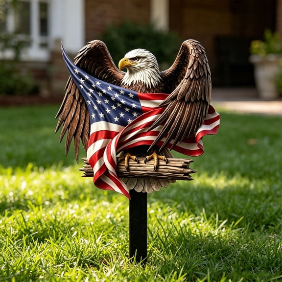 Rijanmt 4th of July Decorations Outdoor,3D Effect Bald Eagle Patriotic Decorative Garden Stakes,Patriotic Metal American Eagle Yard Art for Independence Day Outside Porch Lawn Decor,Red White Blue,C