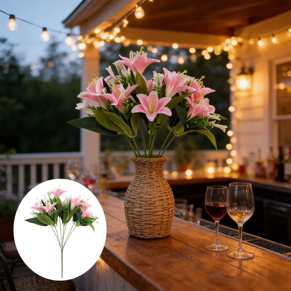 Rijanmt 9-Bundle Artificial Lily Flowers with Green Leaves,Gradient Petal,Bright Color,15.74" H Long Stem Faux Stargazer Lilies,for Home Hotel Party Decor,Flower Arrangement,Table Vase Centerpiece,B