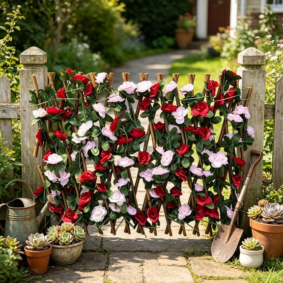 Rijanmt Artificial Hedge Fence with Flower,79"x11" Expandable Faux Leaf Screen Panel,UV Resistant Decorative Faux Ivy Fencing Panels,Privacy Screen for Balcony Patio Outdoor,H,Red and White Roses