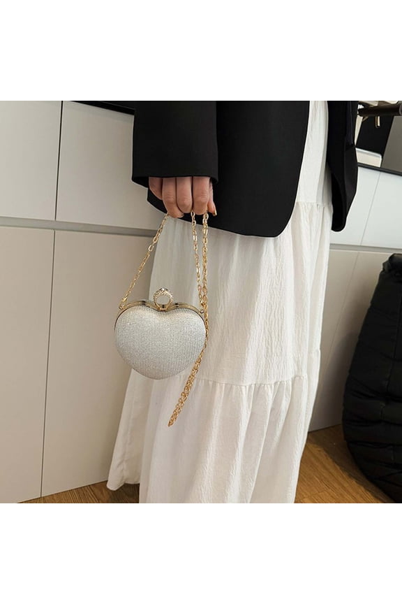 Bling Heart Shape Clutch Purse Evening Bag,Sparkling Rhinestone Crossbody Handbag with Metal Chain Lock,Portable Makeup Storage Bag,for Cocktail Party,Wedding Engagement,Prom,Formal Events,L
