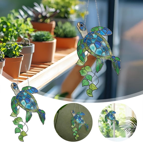 Rijanmt Blue Green Turtle Hanging Pendant Home Decoration,5.9" H Ocean Animal Theme Acrylic Flat Ornament,Outdoor Indoor Coastal Wall Art Decor,for Patio Backyard Yard Fence Pool Bathroom Living Room