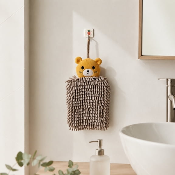 Rijanmt Chenille Towel Ball,Bear Kitchen Towel Countertop,Soft Absorbent,Microfiber Dish Towels,Fun Animal Shaped Fuzzy Ball Hand Face Bath Towel with Hanging Loop for Kitchen Bathroom,Brown