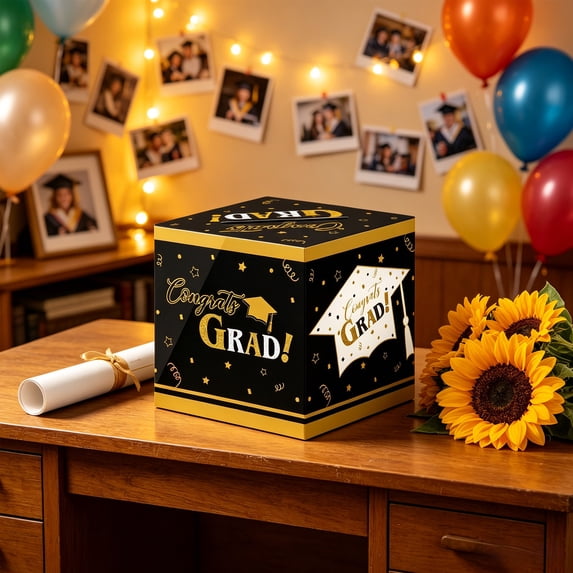 Rijanmt Class of 2026 Graduation Card Box Holder,Congrats Grad Foldable Cardboard Decorative Box for Cards Photos Cash Gifts Keepsake Storage,for Graduation Party Decoration and Grad Parties,Black