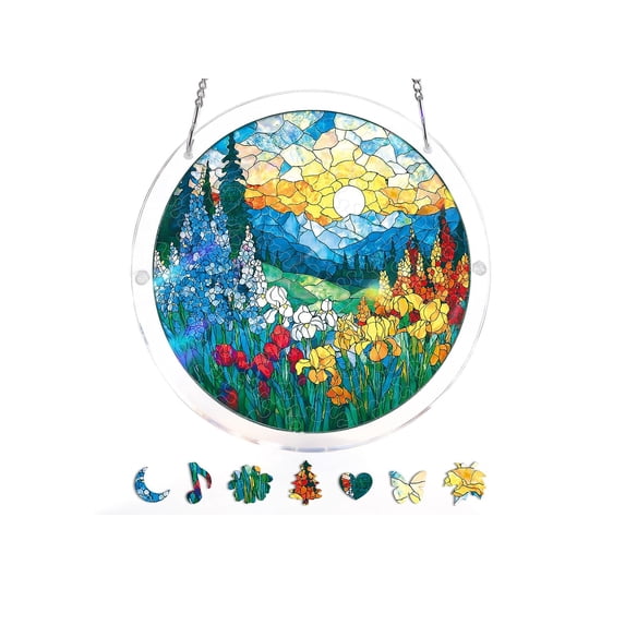 Rijanmt Colorful Puzzle Suncatcher with DIY Mini Puzzles,7.4 Inch Spring Summer Scene Puzzles Sun Catcher with Chain for Hanging,Home Farmhouse Window Door Decor,Mom's Birthday Gift (Forest & Valley)
