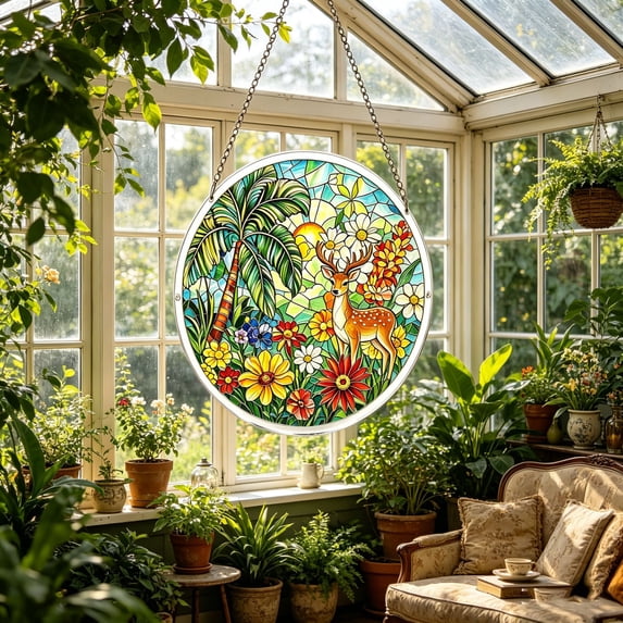 Rijanmt Colorful Puzzle Suncatcher with DIY Mini Puzzles,7.4 Inch Spring Summer Scene Puzzles Sun Catcher with Chain for Hanging,Home Farmhouse Window Door Decor,Mom's Birthday Gift (Flower & Deer)