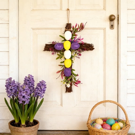 Rijanmt Cross Shaped Easter Eggs Wreath Eucalyptus Garland,Easter Wreath With Cross,Religious Farmhouse Rustic Floral Leaf Cross,Garland With Flower For Diy Holiday Front Door Wall Home Decoration,C