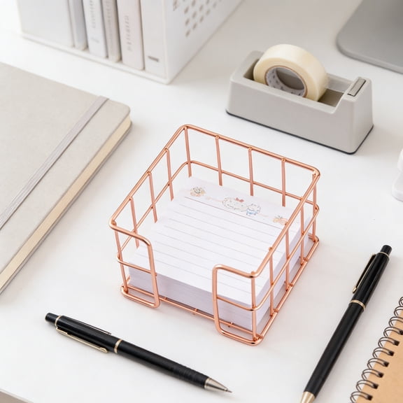 Rijanmt Desktop Iron Grid Storage Box for Sticky Notes,3.7x3.7x3.1" Wrought Iron Hollowed Organizer for 3x3 inch Notebook and Memo,Table Cube Holder,Home Office Business College Supplies,Rose Gold