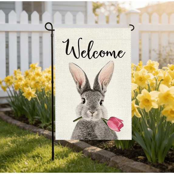 Rijanmt Double-Sided Easter Bunny Yard Flag Welcome Banner,12*18" Waterproof Double-Stitched Garden Flag,Happy Bunny Yard Flags For Outside Home Decor,Welcome Banners For Porch Lawn Patio Garden,D