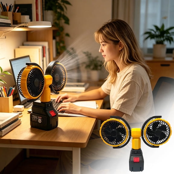Rijanmt Dual Head Free Rotating Desk Fan,Wireless Personal Fan,Rechargeable Lithium Battery Powered (5PCS,INCLUDED) Portable Turbo Fan with Powerful Motor,for Bedroom Home Office Camping Fishing