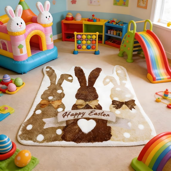 Rijanmt Easter Brown Flush Bunny Floor Mat Non-Slip,Happy Easter Bunny Bathroom Rug Bunny Bathmat Non Slip Washable, Welcome Khaki Brown Doormat for Home Kitchen Easter Holiday Decor,23.6*15.7" A