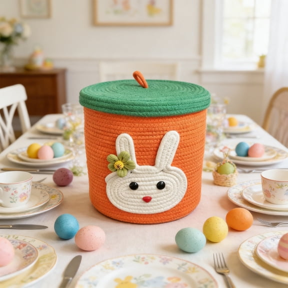 Rijanmt Easter Bunny Cotton Hand-Woven Rope Storage Basket,Cute Easter Treasure Hunt Rabbit Basket,Sturdy Cotton Rope Gift Baskets,For Egg Hunting,Festive Decor,Ideal Gift For Babies,9.84" Dia,Orange